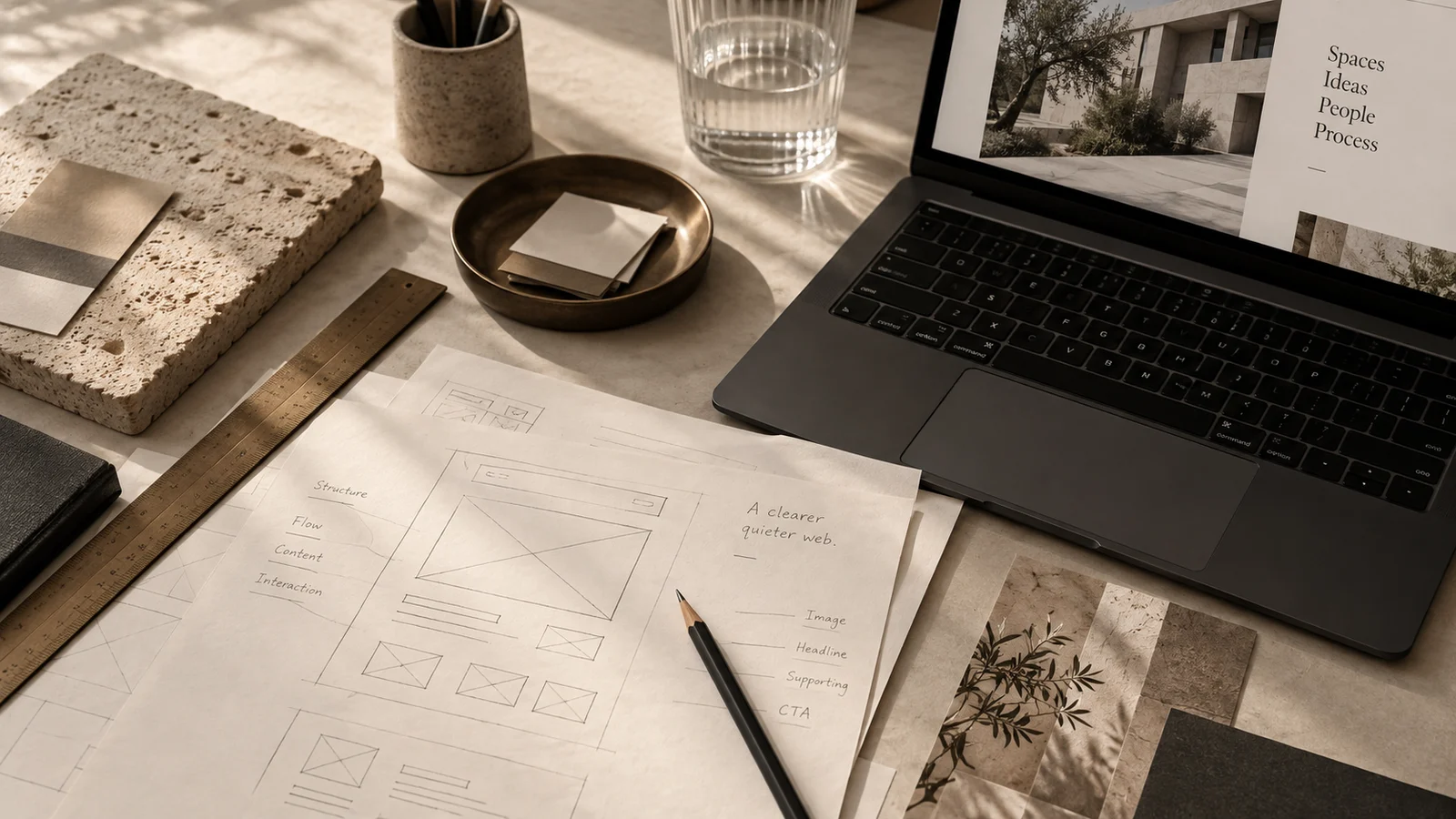 Illustrative design workbench with architectural imagery, sketches and material samples